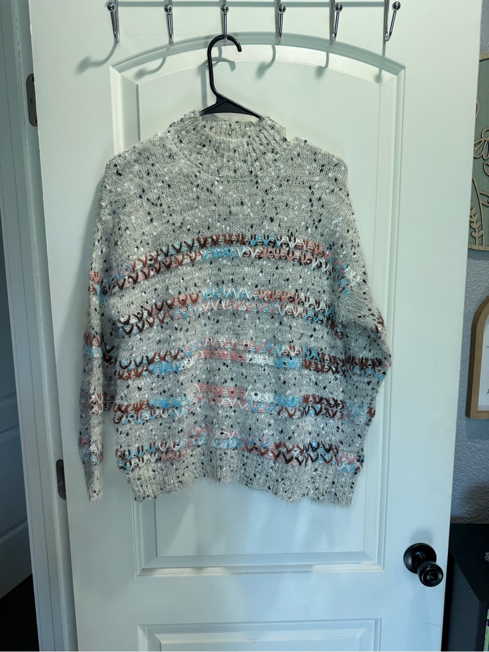 Maurices Cream Speckled Turtleneck Sweater with Pastel Stripe Accents
